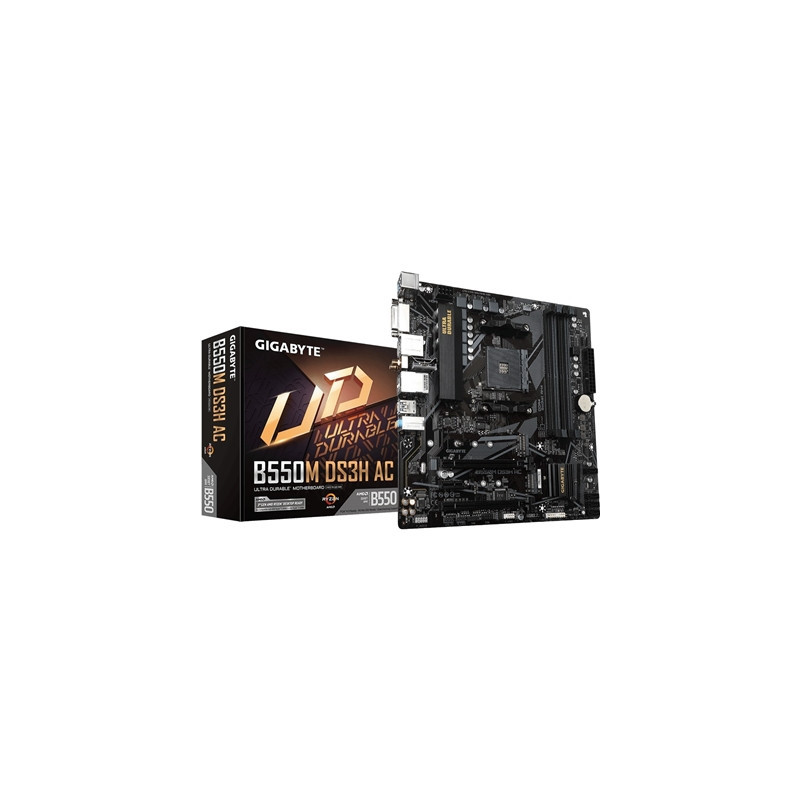 Gigabyte B550M DS3H AC Ultra Durable AMD AM4 Socket Motherboard  Micro-ATX  4x DDR4 Slots  2x M.2 Sockets  GbE LAN  Wi-Fi 5  1x 