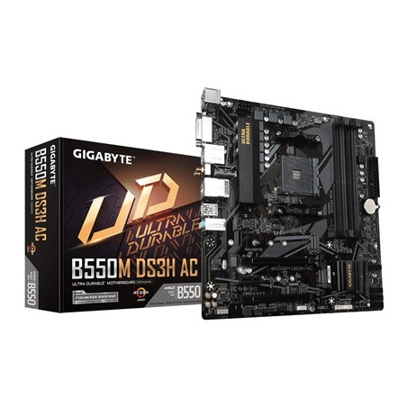Gigabyte B550M DS3H AC Ultra Durable AMD AM4 Socket Motherboard  Micro-ATX  4x DDR4 Slots  2x M.2 Sockets  GbE LAN  Wi-Fi 5  1x 