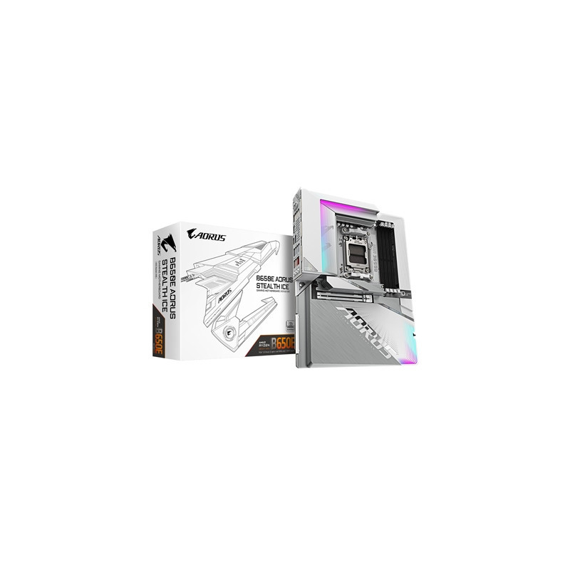 Gigabyte B650E AORUS STEALTH ICE AMD AM5 Socket Motherboard  ATX  4x DDR5 Slots  3x M.2 Sockets  2x USB-C Port  Fitted I/O Shiel