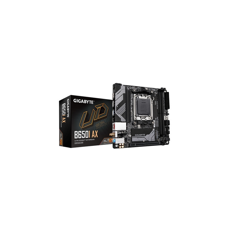 Gigabyte B650I AX Ultra Durable AMD AM5 Socket Motherboard  Mini-ITX  2x DDR5 Slots  1x M.2 Socket  2x USB-C Port  2.5GbE LAN  W