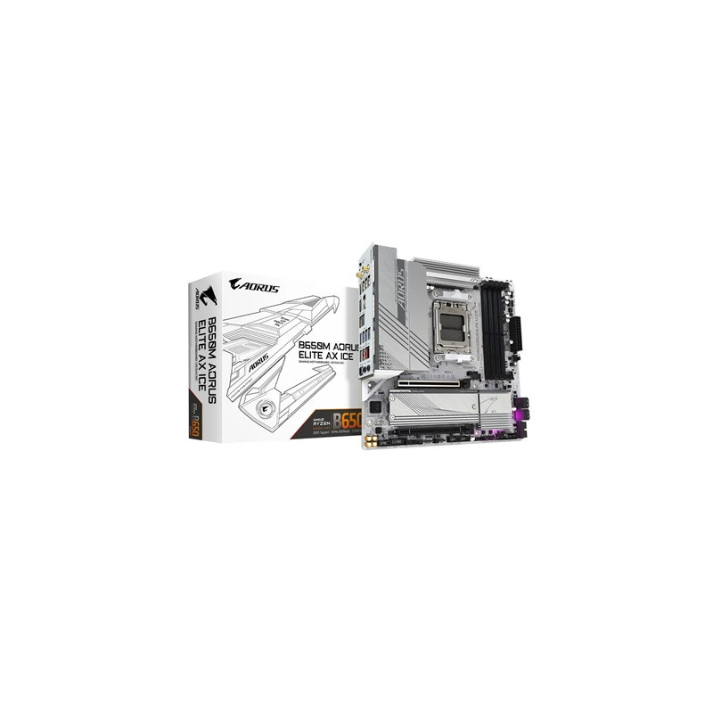 Gigabyte B650M AORUS ELITE AX ICE AMD AM5 Socket Motherboard  Micro-ATX  4x DDR5 Slots  2x M.2 Sockets  2x USB-C Port  Fitted I/