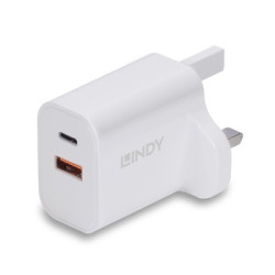 LINDY 73425 30W USB Type A & C Charger UK Plug  3A  Power Delivery 3.0 + PPS  2 Output Connectors (USB  24 pin USB-C)  White