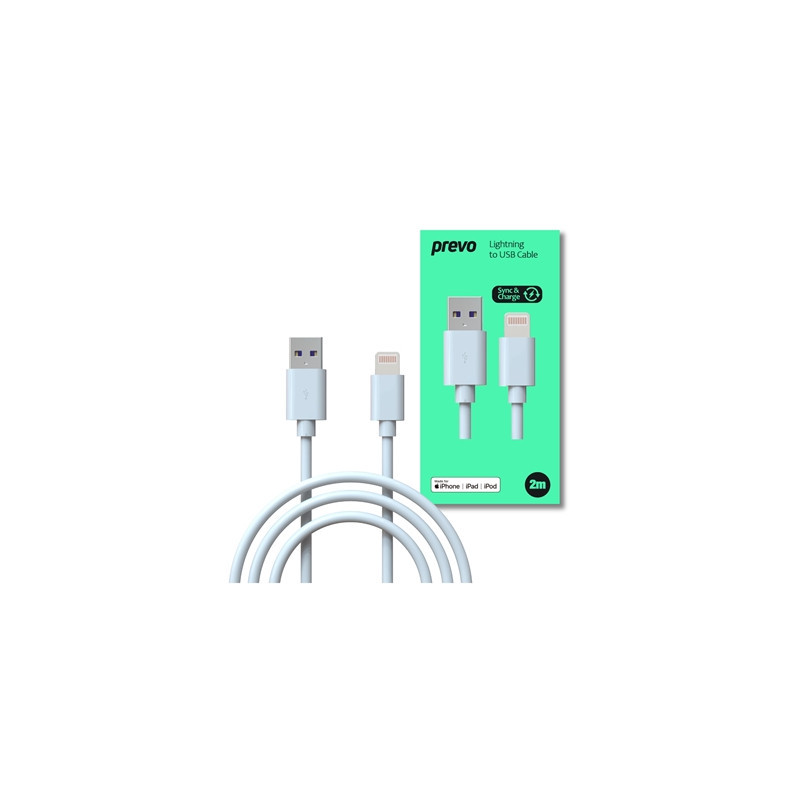 Prevo USB-LIGHTNING-2M Lightning Cable  USB 2.0 A (M) to Apple Lightning (M)  2m  White  MFI Certified  Fast Charging up to 2.1A