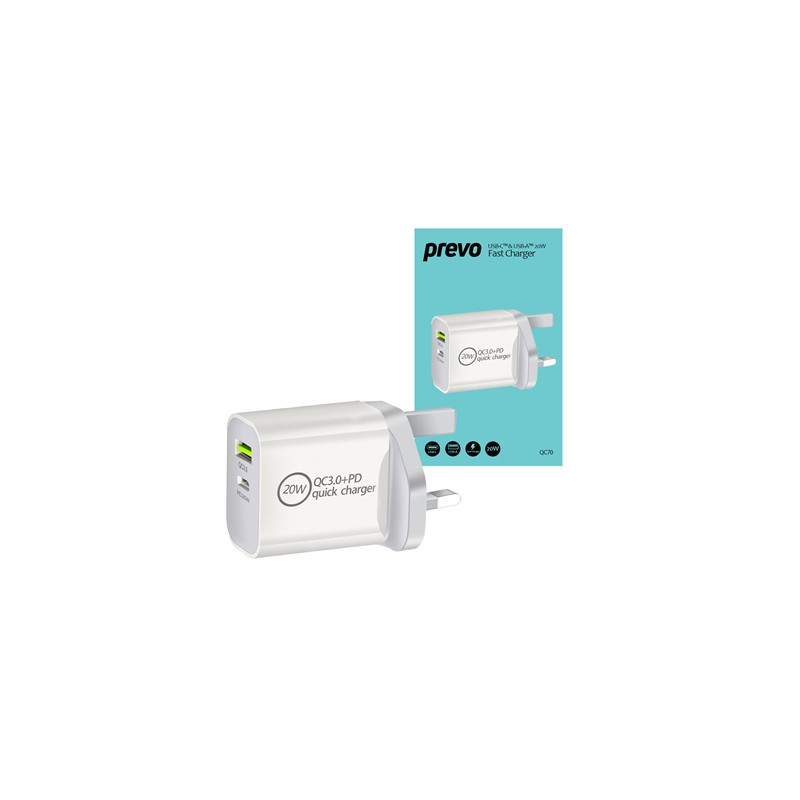 Prevo QC70 20W USB Type-C & USB Type-A Fast Charge Mains Charger with QC 3.0 for Laptops  Ultrabooks  Chromebooks  iPads  MacBoo
