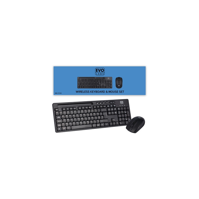 Evo Labs WM-757UK Wireless Keyboard and Mouse Combo Set  With Integrated Tablet/ Mobile/ Smartphone Stand  2.4GHz Full Size Qwer