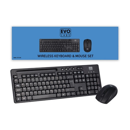 Evo Labs WM-757UK Wireless Keyboard and Mouse Combo Set  With Integrated Tablet/ Mobile/ Smartphone Stand  2.4GHz Full Size Qwer