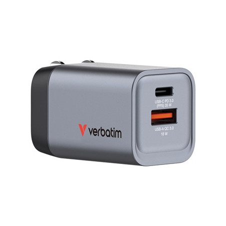Verbatim GNC-35 GaN Charger 35W with 1 x USB-C PD 35W / 1 x USB-A QC 3.0 (EU/UK/US)