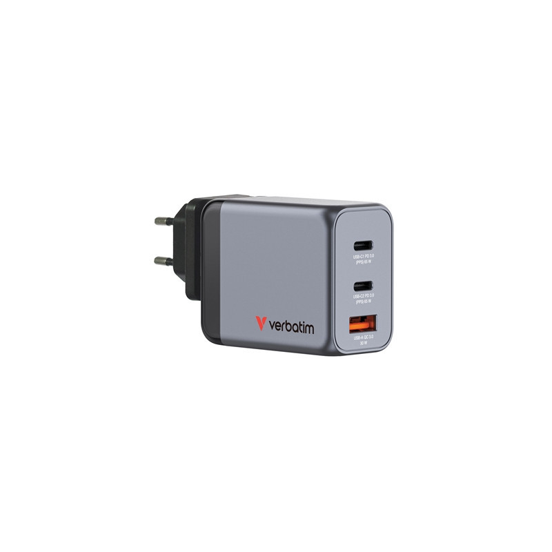 Verbatim GNC-65 GaN Charger 65W with 2 x USB-C PD 65W / 1 x USB-A QC 3.0 (EU/UK/US)