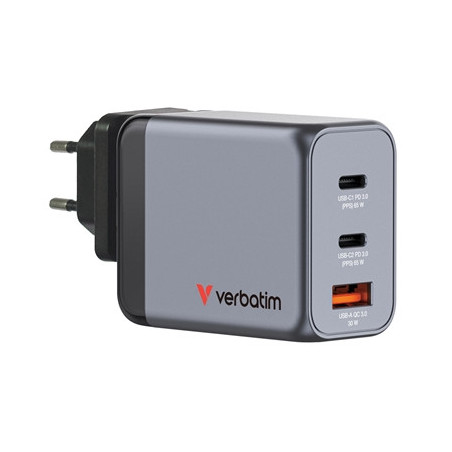 Verbatim GNC-65 GaN Charger 65W with 2 x USB-C PD 65W / 1 x USB-A QC 3.0 (EU/UK/US)