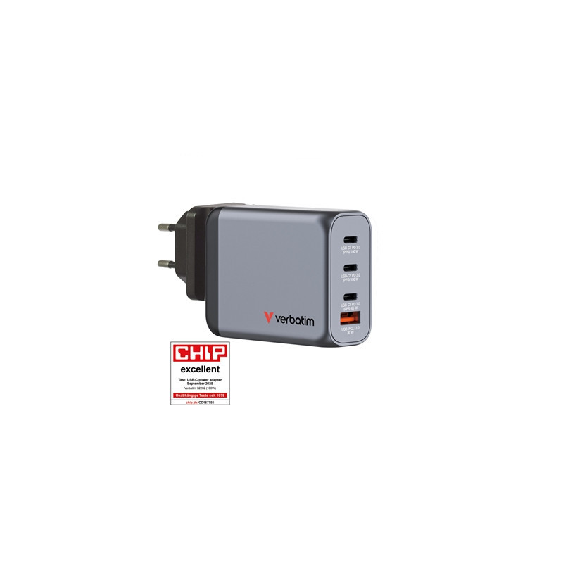 Verbatim GNC-100 GaN Charger 100W with 2 x USB-C PD 100W / 1 x USB-C PD 65W / 1 x USB-A QC 3.0 (EU/UK/US)