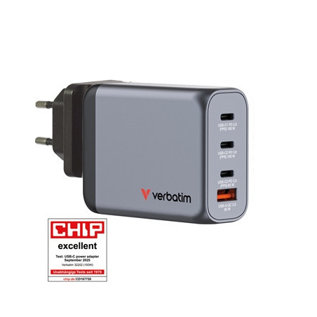 Verbatim GNC-100 GaN Charger 100W with 2 x USB-C PD 100W / 1 x USB-C PD 65W / 1 x USB-A QC 3.0 (EU/UK/US)