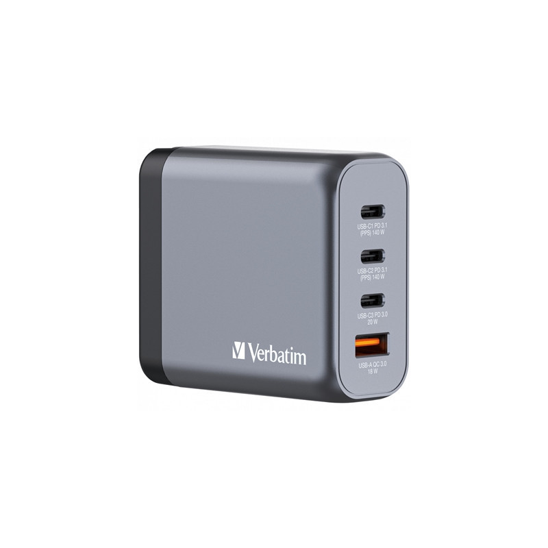 Verbatim GNC-140 GaN Charger 140W with 2 x USB-C PD 140W / 1 x USB-C PD 20W / 1 x USB-A QC 3.0 (EU/UK/US)
