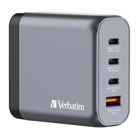Verbatim GNC-140 GaN Charger 140W with 2 x USB-C PD 140W / 1 x USB-C PD 20W / 1 x USB-A QC 3.0 (EU/UK/US)