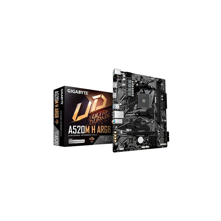 Gigabyte A520M H ARGB AMD AM4 Socket Motherboard  Micro-ATX  2x DDR4 Slots  1x M.2 Socket  GbE LAN  1x DisplayPort / 1x HDMI Por