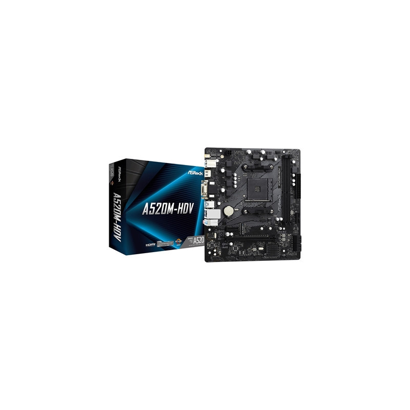 ASRock A520M-HDV Super Alloy AMD AM4 Socket Motherboard  Micro-ATX  2x DDR4 Slots  1x M.2 Socket  GbE LAN  1x D-Sub / 1x DVI-D /
