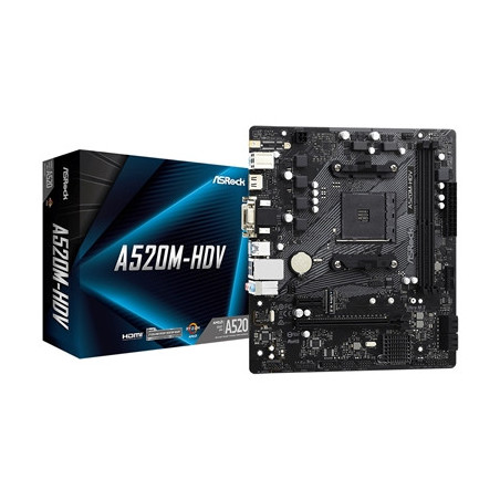 ASRock A520M-HDV Super Alloy AMD AM4 Socket Motherboard  Micro-ATX  2x DDR4 Slots  1x M.2 Socket  GbE LAN  1x D-Sub / 1x DVI-D /