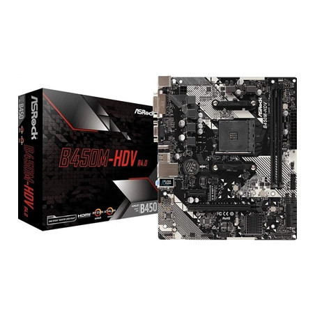 ASRock B450M-HDV R4.0 Super Alloy AMD AM4 Socket Motherboard  Micro-ATX  2x DDR4 Slots  1x M.2 Socket  GbE LAN  1x D-Sub / 1x DV