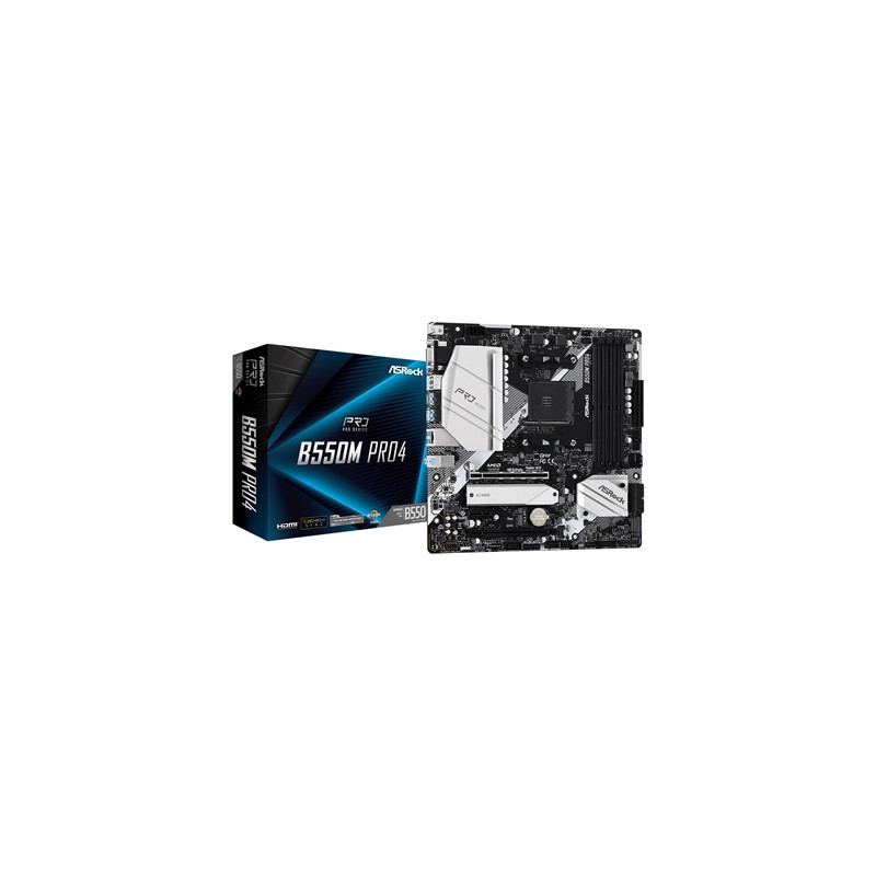 ASRock B550M Pro4 AMD AM4 Socket Motherboard  Micro-ATX  4x DDR4 Slots  2x M.2 Sockets  GbE LAN  1x D-Sub / 1x DisplayPort / 1x 