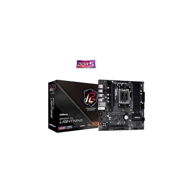 ASRock B650M PG Lightning AMD AM5 Socket Motherboard  Micro-ATX  4x DDR5 Slots  3x M.2 Sockets  1x USB-C Port  2.5GbE LAN  1x Di
